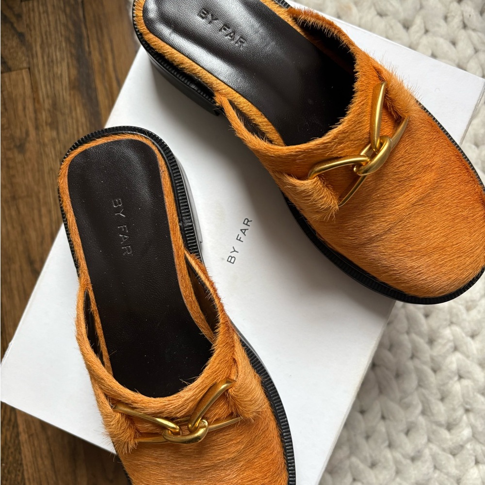 BY FAR Orange Calfskin Hair Mules with Gold Detail